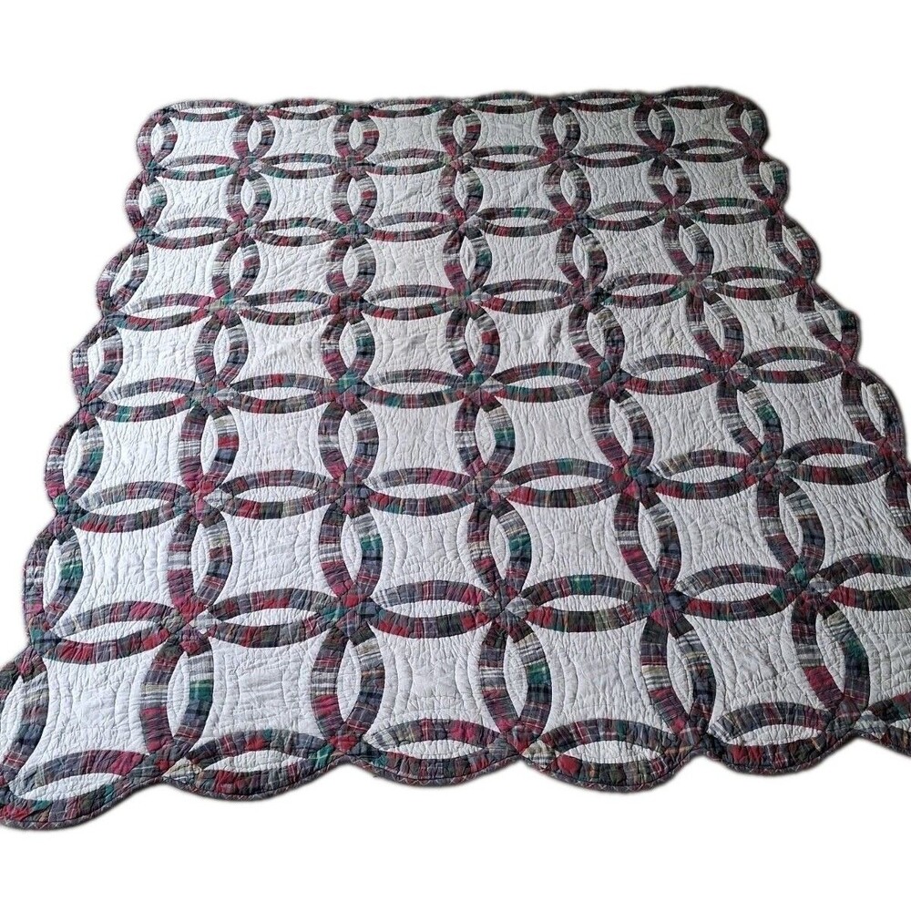 Patchwork Quilt Wedding Ring 96" X 80" Plaid Red Green